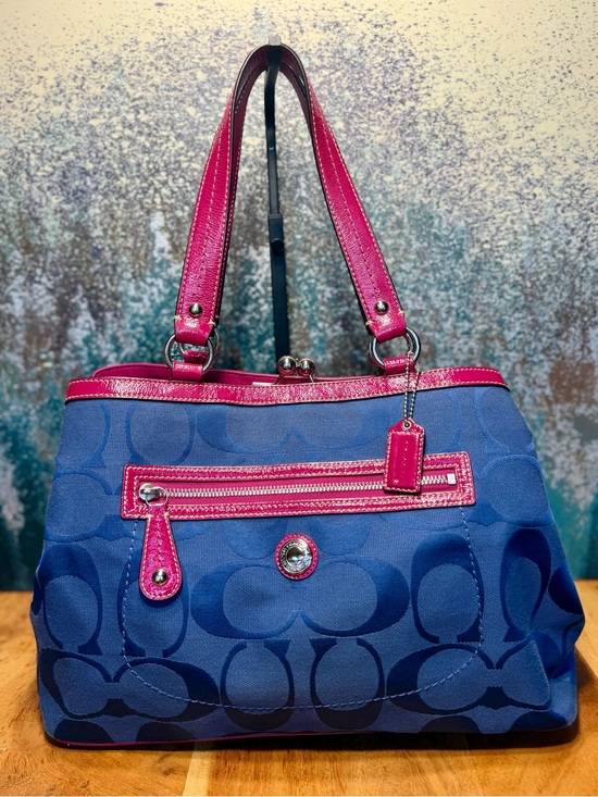 Coach Handbags - Coach Barbiecore Kisslock Y2K 2010 Laura Signature Carryall Navy Fuchsia Tote